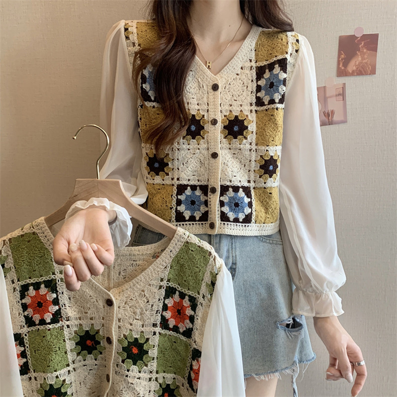 เสื้อถักลายดอกไม้ เสื้อถักแขนยาวดีไซน์สะดุดตา เข้ากับทุกชุด ถักทอด้วยเส้นด้าย