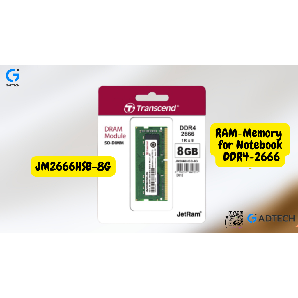 Transcend RAM-Memory DDR4-2666 SO-DIMM 8GB รับประกันตลอดอายุการใช้งาน-มีใบกำกับภาษี-JM2666HSB-8G