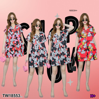 TwinsShopVip💗พร้อมส่ง TW18553 Jumpsuit #สาวอวบ ไหล่ล้ำคอปก กระดุมหน้า ขาสั้น พิมพ์ลาย ..