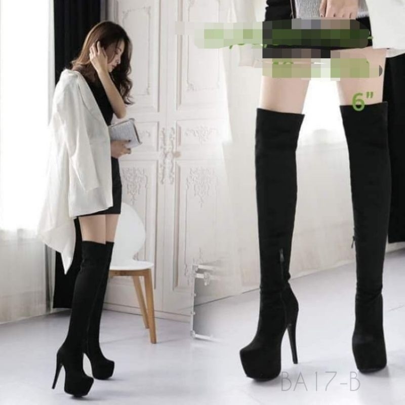 "พร้อมส่ง"รองเท้าบูท กำมะหยี่ดำ 6"