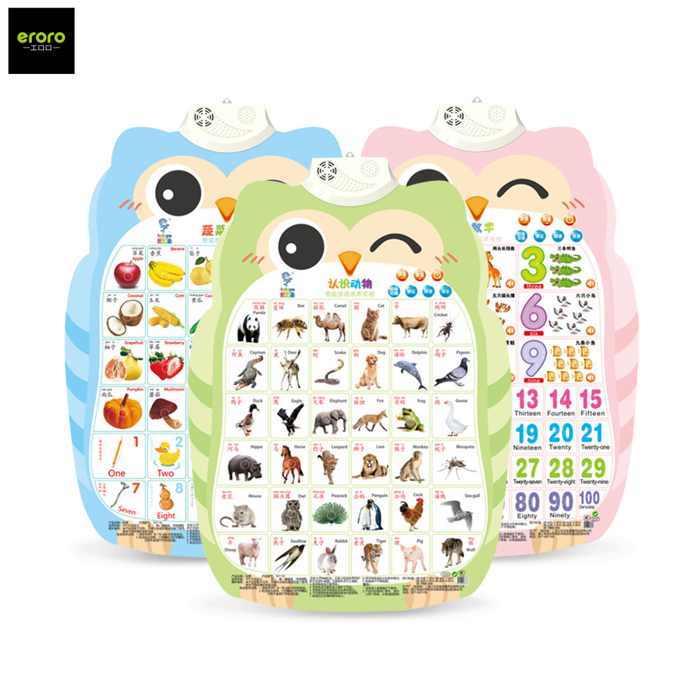 ERORO โปสเตอร์นกฮูกพูดได้ 1-3ภาษา กดมีเสียง สำหรับเรียนรู้คำศัพท์ภาษาจีน ภาษาอังกฤษ
