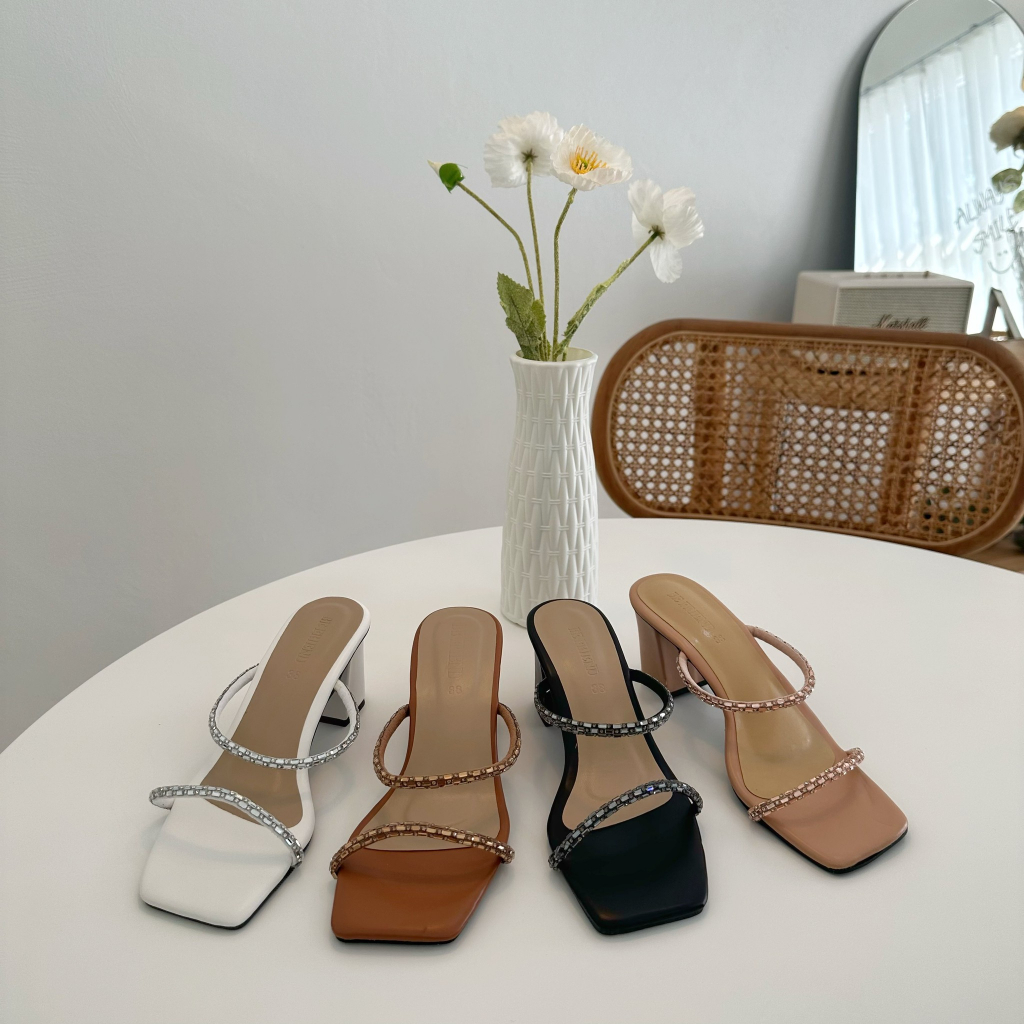 รองเท้าส้นสูงดับเบิ้ลคริสตัล  ส้นสูง 2.5  นิ้ว size ปกติ 36-42 เท้าอวบแนะนำ+1ไซส์