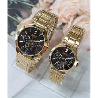 นาฬิกาคู่รัก Casio รุ่น MTP-V300G-1Aและ LTP-V300G-1A สายแสตนเลสสีทอง หน้าปัดดำ - ของแท้ 100% รับประกันสินค้า 1 ปี