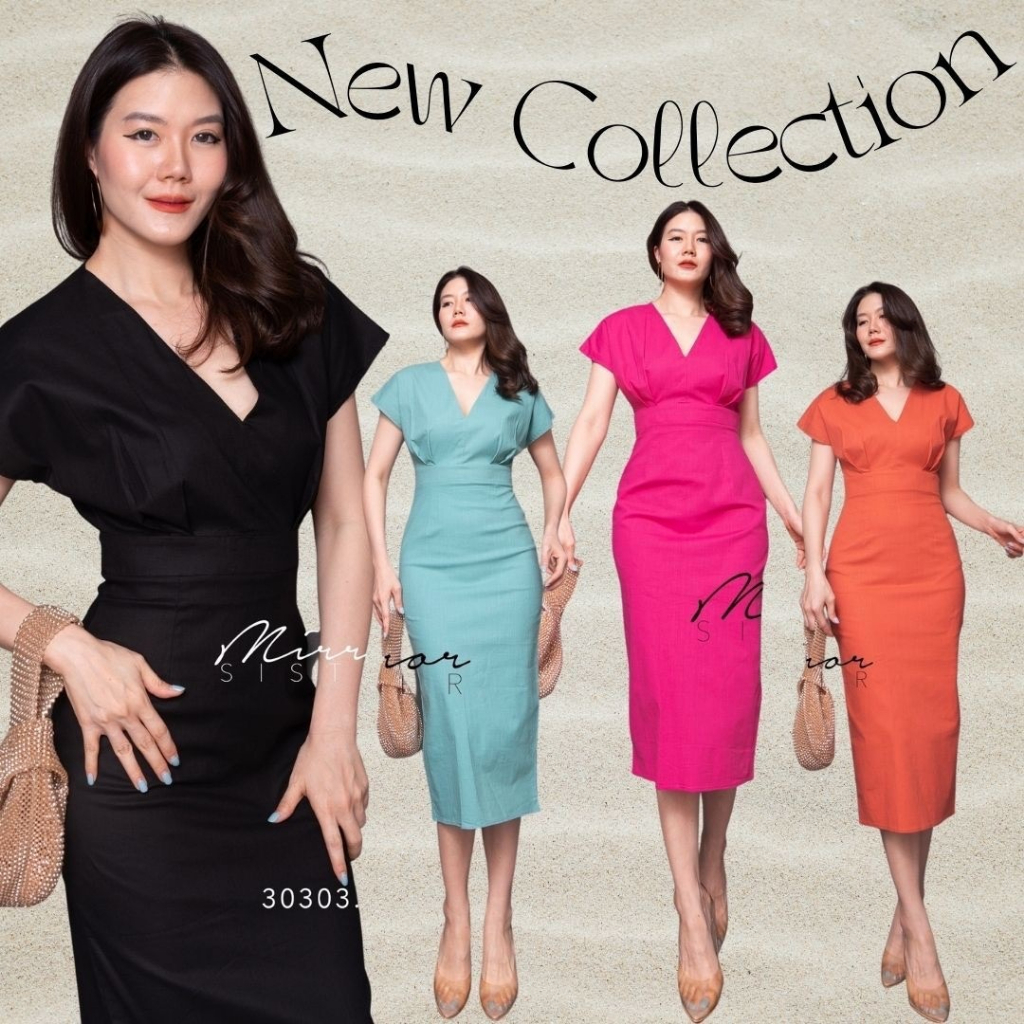 🔖Mirrorsister 30303.6 เดรสทรงสวยเก๋ คอวีแขนล้ำ ช่วงเอวแต่งขอบให้ชุดดูมีดีเทล ช่วงล่างเป็นกระโปรงทรงสอบผ่าหลัง