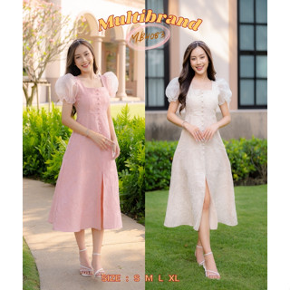 Iงานป้าย Multibrand {S-XL} (ป้ายแท้)(เช็คของก่อนโอนเงิน) มี 4 ไซส์ ชุดเดรสยาว แขนตุ๊กตา แต่งกระดุม ผ่าหน้า 4083