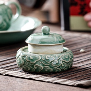 Yue kiln celadon lid with purple sand pot lid dragging auspicious clouds hand-embossed retro style tea set accessories