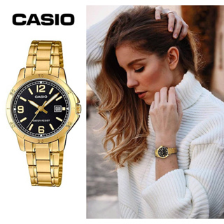 นาฬิกา Casio รุ่น LTP-V004G-1B นาฬิกาผู้หญิง สายแสตนเลสสีทอง หน้าปัดดำ - มั่นใจ ของแท้ 100% รับประกันสินค้า 1 ปี