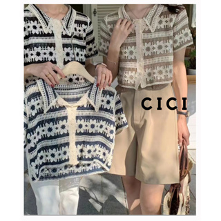 Cici(NO.G607)เสื้อแขนสั้นไหมพรมknit คอปกกระดุมหน้าลายทางดอกไม้น่ารักมากกก