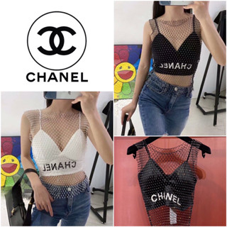 เสื้อครอป CHANEL CROP BRA WITH CRYSTAL NET TOP