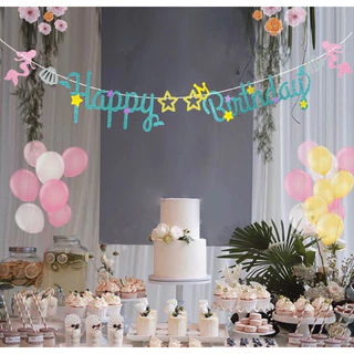 ธงนางเงือกตัวน้อย ธง HAPPYBIRTHDAY​นางเงือกกลิตเตอร์ แก้ว จาน หลอด ใช้ตกแต่งปาร์ตี้