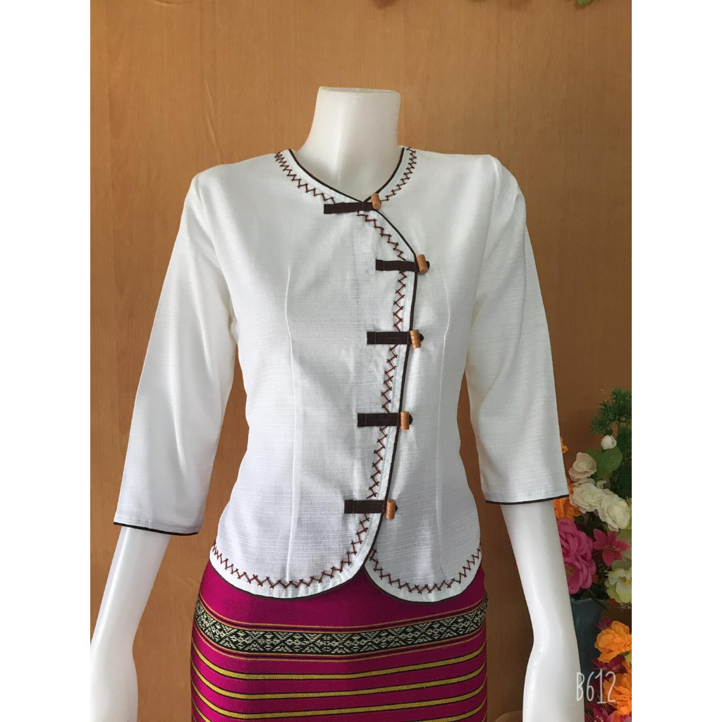 เสื้อผ้าฝ้ายคอจีนแขนสั้นป้ายข้าง กระดุมจีนขอด
