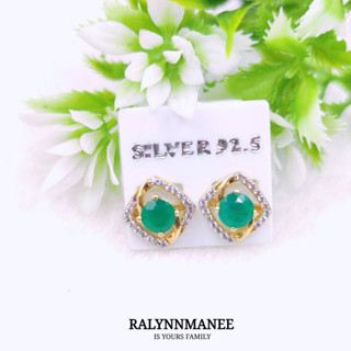 H6434 ต่างหูพลอยโมราแท้ ( Chrysoprase ) ตัวเรือนเงินแท้ 925 ชุบทอง