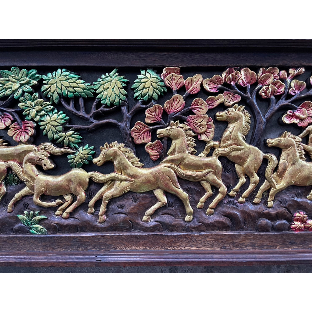 กรอบรูปไม้แกะสลัก ฝูงม้าวิ่ง ไม้จามจุรี 38x100 cm หนา ½ นิ้ว ม้า 8เซียน  ม้ามงคล  งานไม้ แกะสลัก ตกแต่ง ผนัง - รูปที่ 5