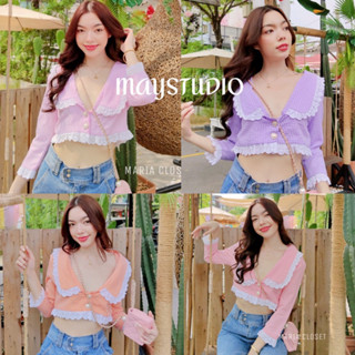 MAYSTUDIO ✨เชิ้ตครอปลายสก๊อต แต่งลูกไม้เกาหลี กระดุมมุกรูปหัวใจ น่ารักเวอร์วังมากแม่