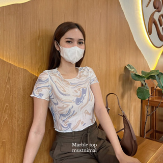 (พร้อมส่ง) MUSTNIMAL | Marble top เสื้อครอปซีทรูลายหินอ่อน y2k