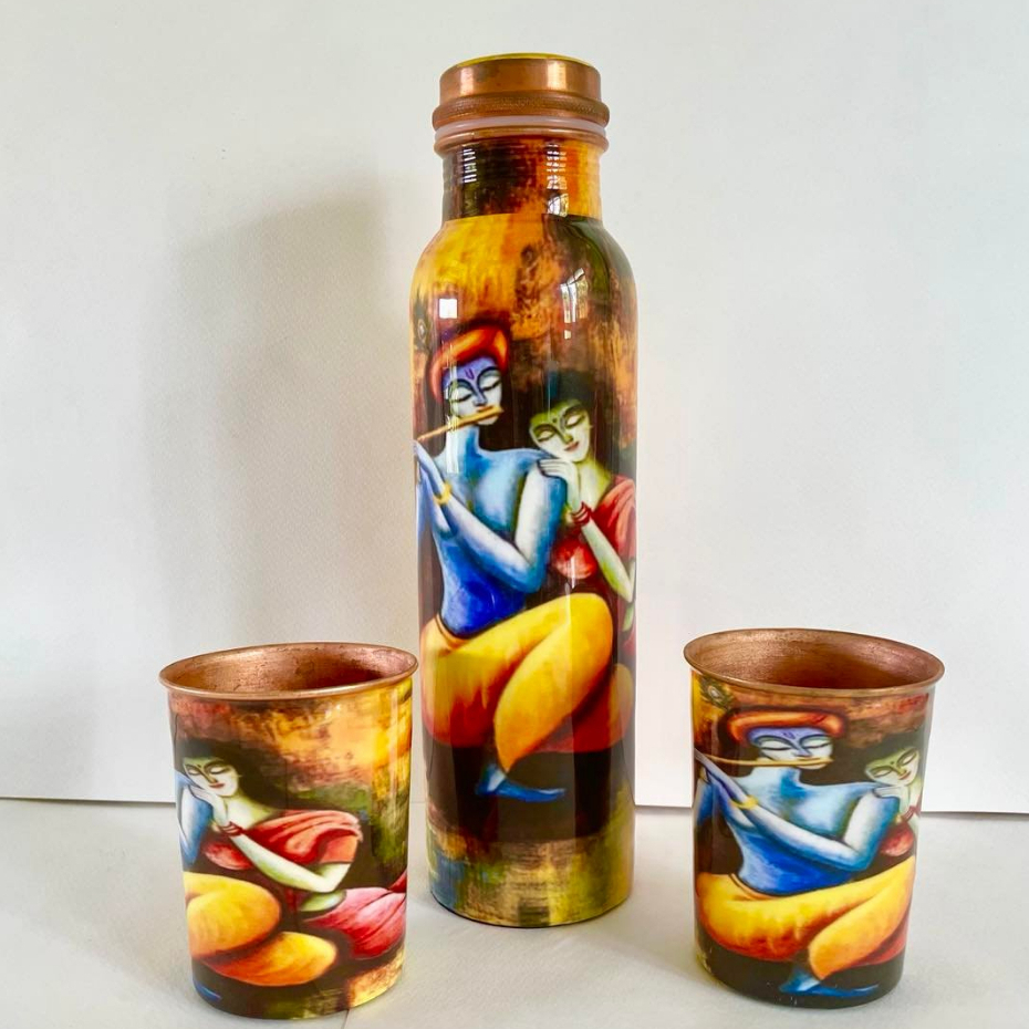 ชุดขวดและแก้วทองแดง/ Pure Copper Water Bottle 1 litre with Glass Set /ขนาด 1L, 2x 270ml/ อินเดียแท้พ