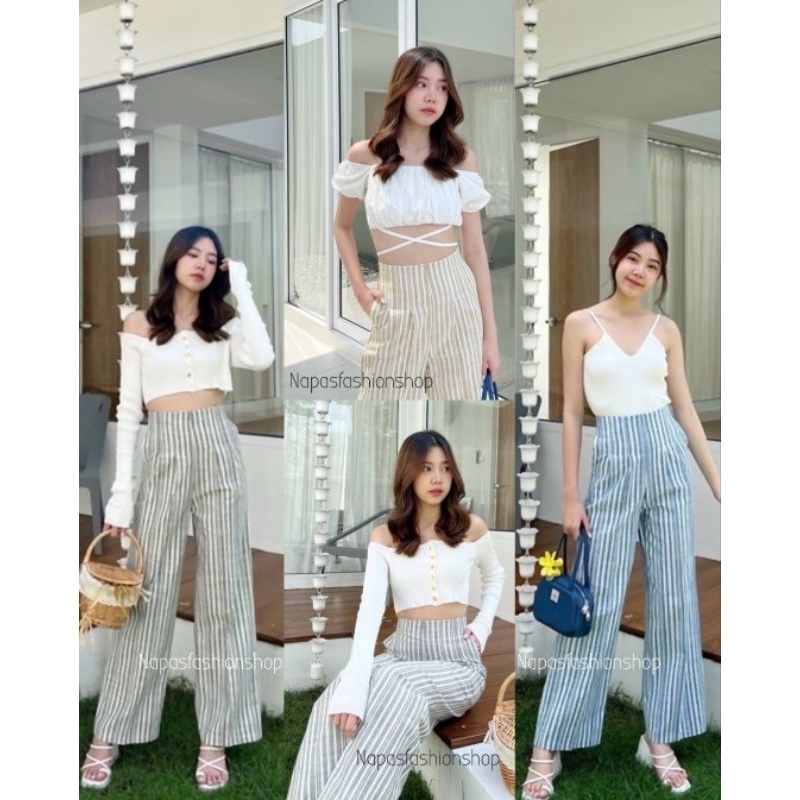 กางเกงผ้าลินินผสมฝ้ายทอลายริ้ว ซิปหลัง ขากระบอกกลาง เนื้อผ้าเบาแต่ไม่บาง สวมใส่สบาย