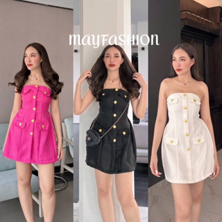 MAYFASHION เดรสสั้นเกาะอก แต่งปากกระเป๋าหลอก แต่งกระดุมทอง ด้านหลังสมอคหลัง