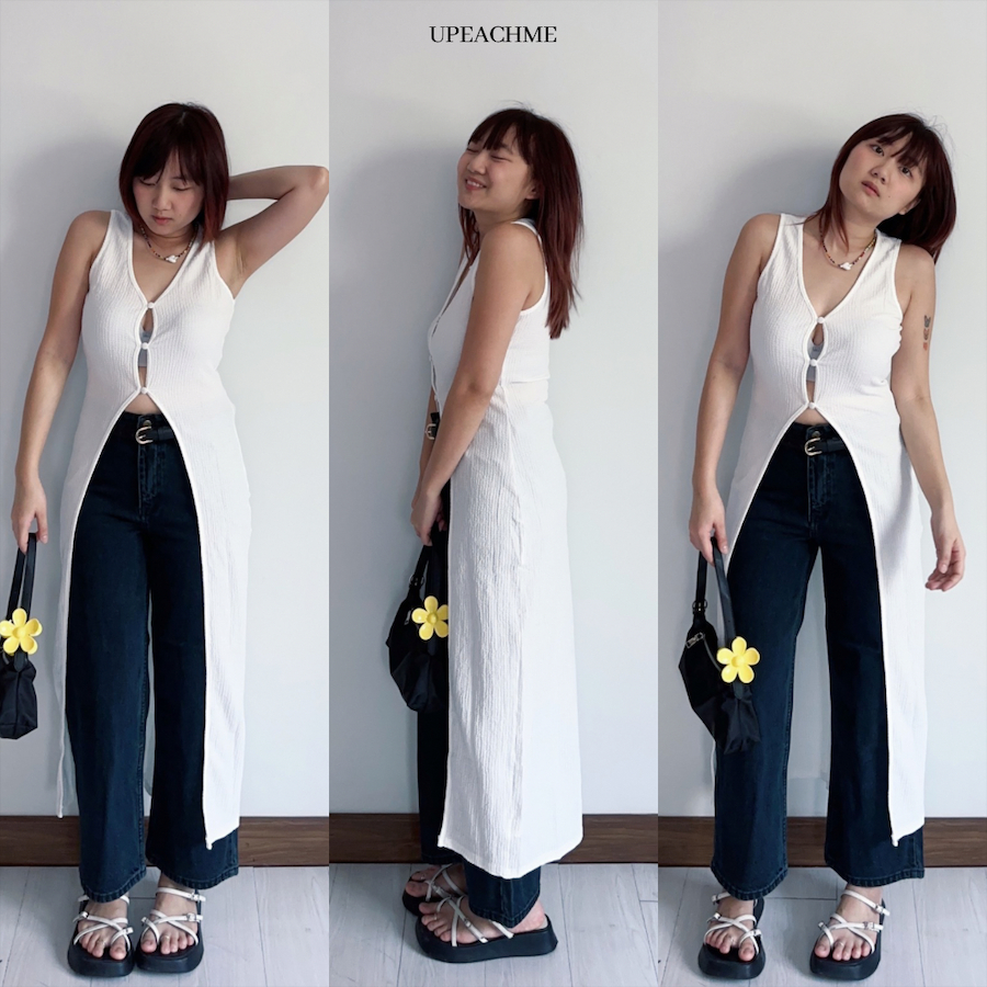 REMI TOP I เสื้อคลุมตัวยาวแขนกุด เชิ้ตหน้าสั้นหลังยาว สีขาวพริ้วบางมินิมอลเกาหลีเกาใจ