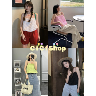 Cicishop(J322)CropTop เสื้อสายเดี่ยวครอปผ้าเทกเจอร์ลาย ดีเทลสวยปังสไตล์เกาหลี