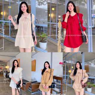 🎊mnv_shop🎊มินิเดรสคอปกผูกโบว์ ⛅️ ผ้าแดบบี้ใส่สบายเนื้อผ้าไม่บาง เพิ่มดีเทลแขนพอง 🫶🏻 น่ารักมาก