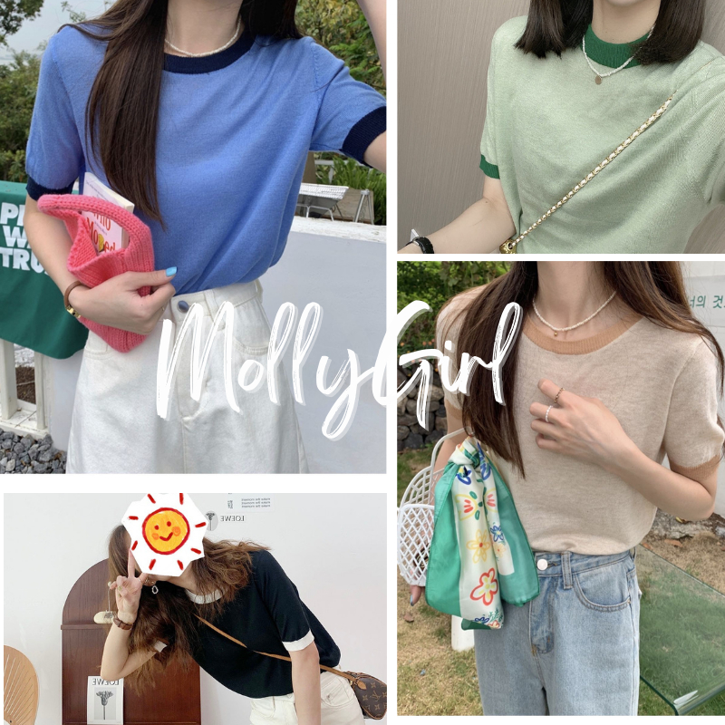 Mollygirl เสื้อครอป คอกลม สีทูโทน