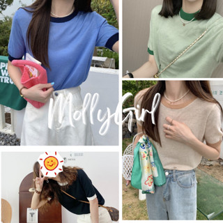 Mollygirl เสื้อครอป คอกลม สีทูโทน 6630#