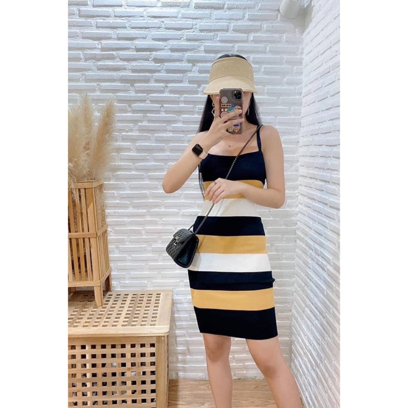 พร้อมส่ง📌เดรสสายเดี่ยวไหมพรมลายทาง🆕 - รูปที่ 4