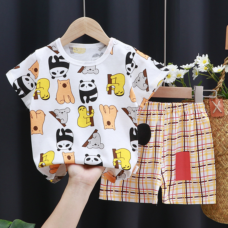 Babyonline(Y034)C4ชุดเช็ต2ชิ้นเสื้อแขนสั้นกางเกงขาสั้นลายการ์ตูน ผ้าฝ้าย100%