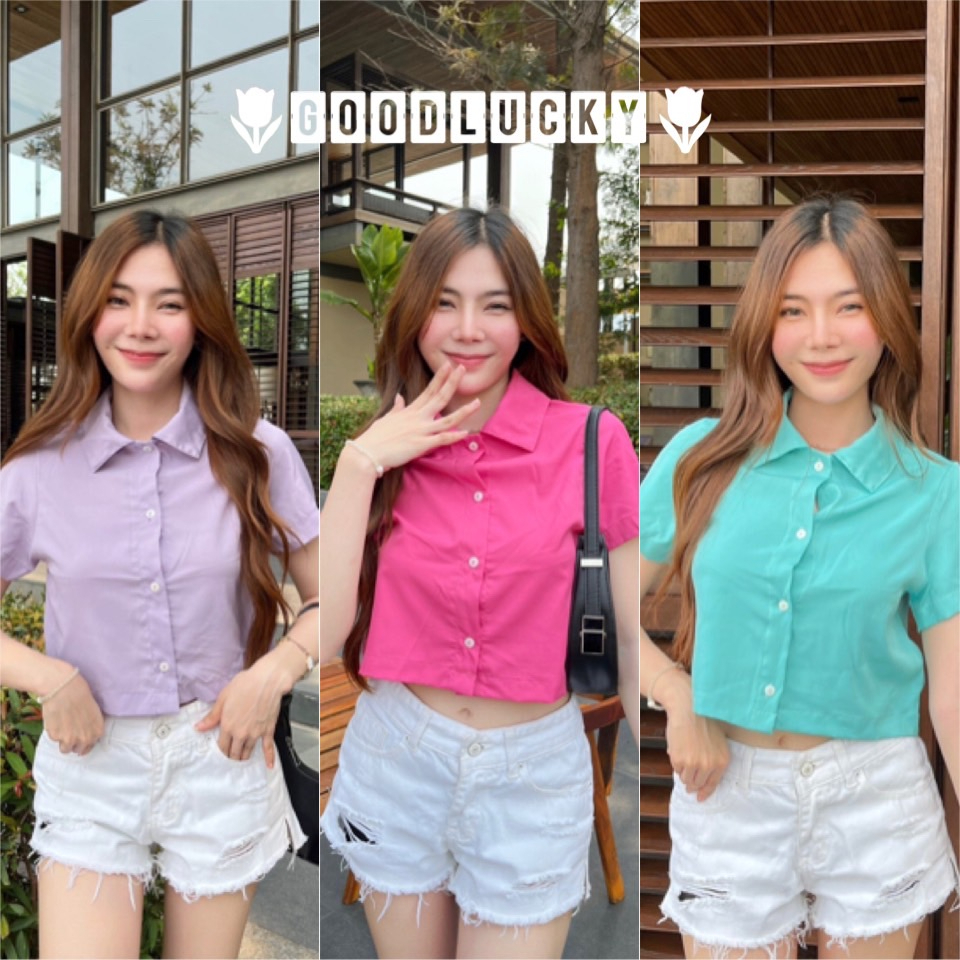GoodLucky (51) เสื้อครอปเชิ้ตมีปกผ้าไหมอิตาลี สีสันน่ารักสุดๆ