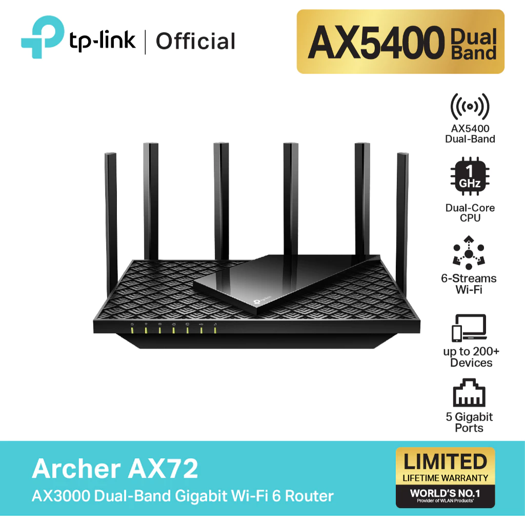 TP-Link Archer AX72 AX5400 Dual-Band Gigabit Wi-Fi 6 เราเตอร์เพื่อ 8K Streaming เกมส์ออนไลน์ พร้อม 6 เสาสัญญาณคุณภาพสูง