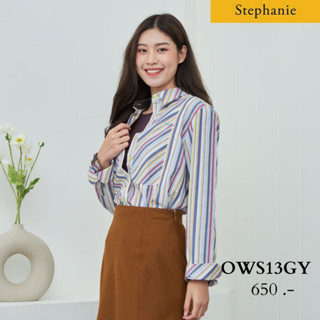 GSP Stephanie เสื้อมีปก แขนยาว ลายทางสีพลาสเทลฟ้า (OWS13GY)