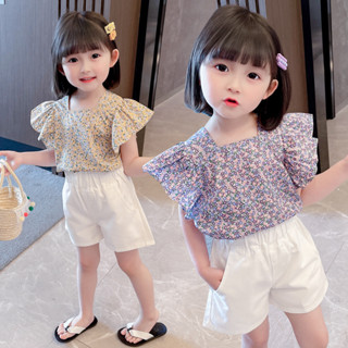 Babyonline (Y044)C4 ชุดเซ็ตเสื้อกางเกงขาสั้นเด็กลายดอกไม้แขนระบายสุดน่ารัก ผ้าฝ้าย