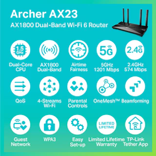 TP-Link Archer AX23 AX1800 Dual-Band เราเตอร์ไวไฟ6 (ไม่รองรับการใส่ซิม) สนุกกับเกมส์ออนไลน์ สตรีมมิ่ง การไลฟ์ที่ไม่สะดุด