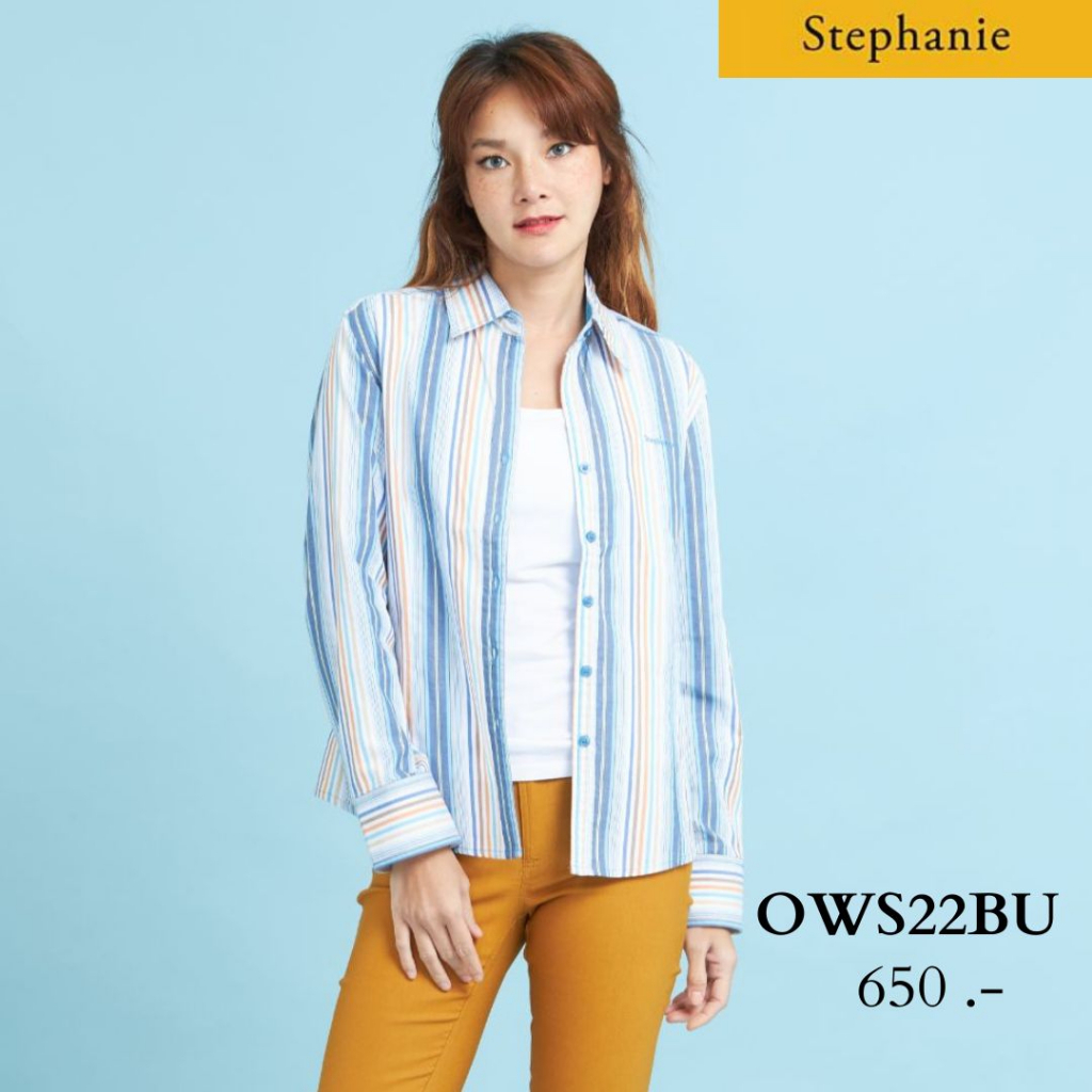 GSP Stephanie เสื้อมีปก แขนยาว ลายสีฟ้าสลับ (OWS22BU)