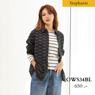 Stephanie Shirt   เสื้อเชิ้ตแขนยาวสีดำ พิมพ์ลายStephanieสีขาว เนื้อผ้าคอตตอน คอปก(OWS34BL)