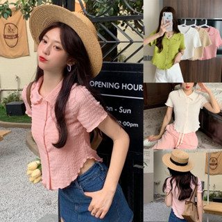 Korean🧧 เสื้อยืดคอปกผ้าอัดย่นขอบหยัก แขนสั้นมีกระดุมหน้า 4 สี