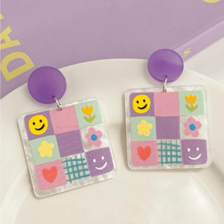 💗พร้อมส่ง!💗 ต่างหู แฟชั่น ลายดอกไม้ เรขาคณิต สีม่วง RG-E003