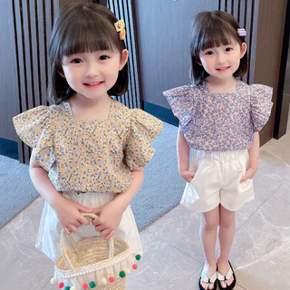 Babyonline (Y044)C4 (ส่งด่วน1วัน)ชุดเซ็ตเสื้อกางเกงขาสั้นเด็กลายดอกไม้แขนระบายสุดน่ารัก ผ้าฝ้าย