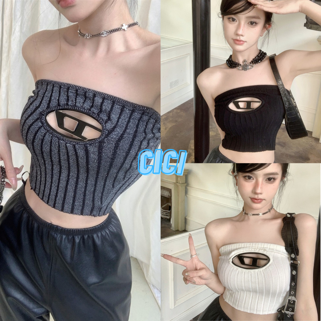 ส่งทันที Cici(NO. 10261)เกาะอกไหมพรมผ้าร่องใหญ่ แต่งปั้มโลโก้แบบเฟียสๆจะแต่งลุคไหนก็ปัง