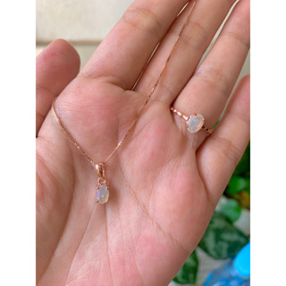 สร้อยเงินแท้พร้อมจี้ฝังพลอยโอปอลแบบเจียรนัย (Opal) มินิมอล สวยติดรุ้งไฟพุ่งๆๆ