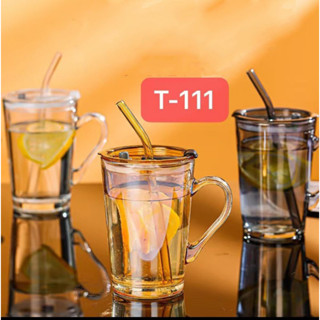 แก้วแบบใสสไตล์เรียบง่ายมีหูจับพร้อมฝาปิดและหลอด450ml T-111