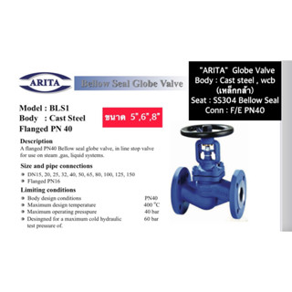 ARITA Globe Valve Cast steel ss304 Bellow Seal F/E PN40 8"-10"