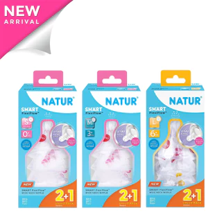 Natur เนเจอร์ จุกนมคอกว้างสมาร์ท (FlexiFlow) จุกนิ่มหลายรู ไซซ์ S / M / L แพ็ก 2 ฟรี 1
