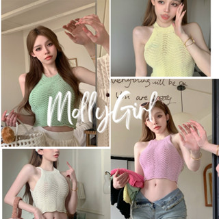 Mollygirl เสื้อครอปเว้าแขนสีสดใส 07919#