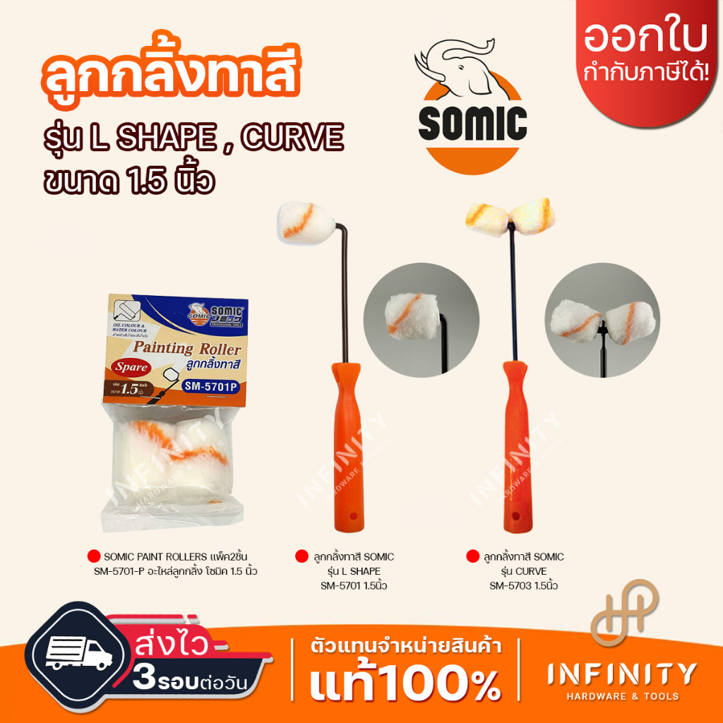SOMIC ลูกกลิ้งทาสี 1.5 นิ้ว ลูกกลิ้งและอุปกรณ์ รุ่น L-Shape 5701 รุ่น CURVE 5703 และอะไหล่ลูกกลิ้ง 5