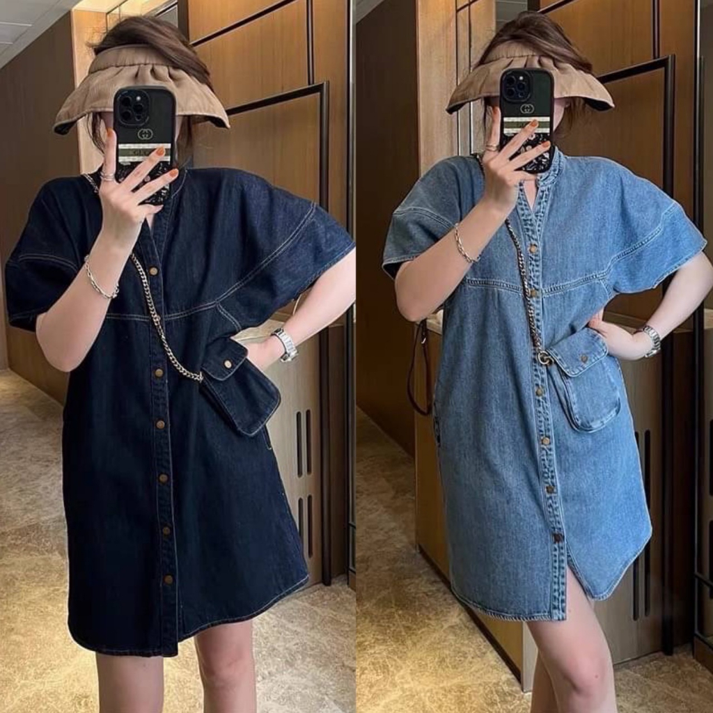 ชุดเดรสยีนส์ทรงOversize มาพร้อมกระเป๋าใช้งานได้จริง ทรงคอกลมกระดุมหน้า ลุคนี้พลาด มีให้เลือก 2 สีโดนๆ ราคา ถูกที่สุด ดีลบีเคเค