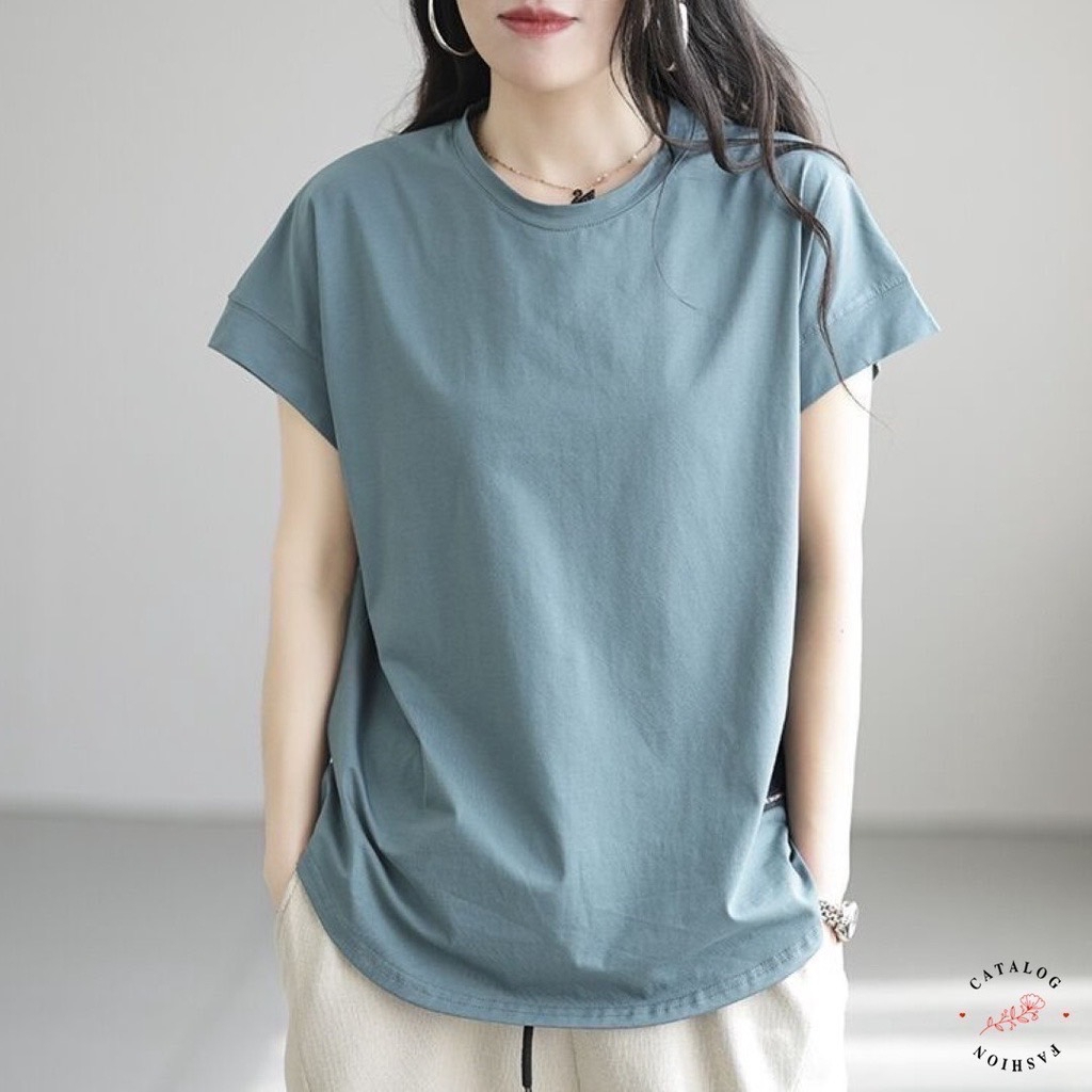 รุ่น 339-เสื้อยืดแขนสั้นคอกลมสีพื้นผู้หญิงมาใหม่ ใต้เสื้อทรงเว้า หลังเสื้อผ่านิดนึง สไตล์เกาหลี ผ้านุ่มสวมใส่สบาย พร้อมส