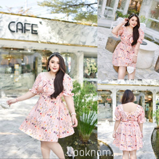 เดรสไซส์ใหญ่ลายดอก แขนตุ๊กตา ด้านหลังแต่งตาไก่โบว์ไขว้ สวยหวาน เซ็กซี่ ดูดีสุดๆ เสื้อผ้าสาวอวบอ้วน พลัสไซส์ เดรสสาวอวบ