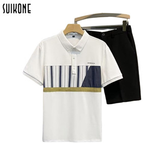 Suikone【พร้อมส่ง】เสื้อยืดผู้ชาย เสื้อยืดโปโลผู้ชาย Polo shirt การพิมพ์ลวดลาย ใส่สบาย มี 3 สี ดำ ขาว เขียว